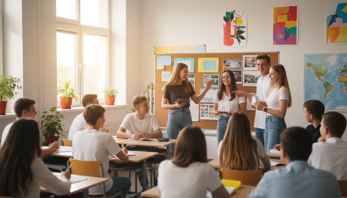 Photo Idea : A small study group presenting a community project to peers in a classroom setting.