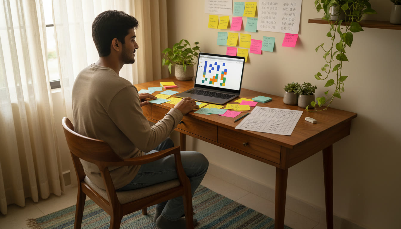Photo Idea : IB student at a desk with colorful notes and a laptop, practicing timed multiple-choice questions with an OMR-style answer sheet beside them