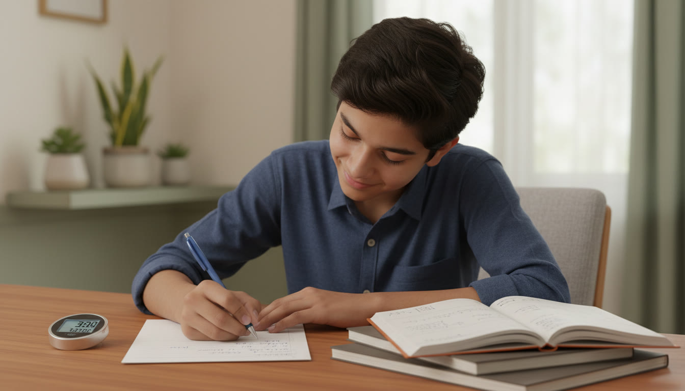 Photo Idea : A focused student writing on an answer sheet with neat handwriting, a stopwatch and annotated notes on the table