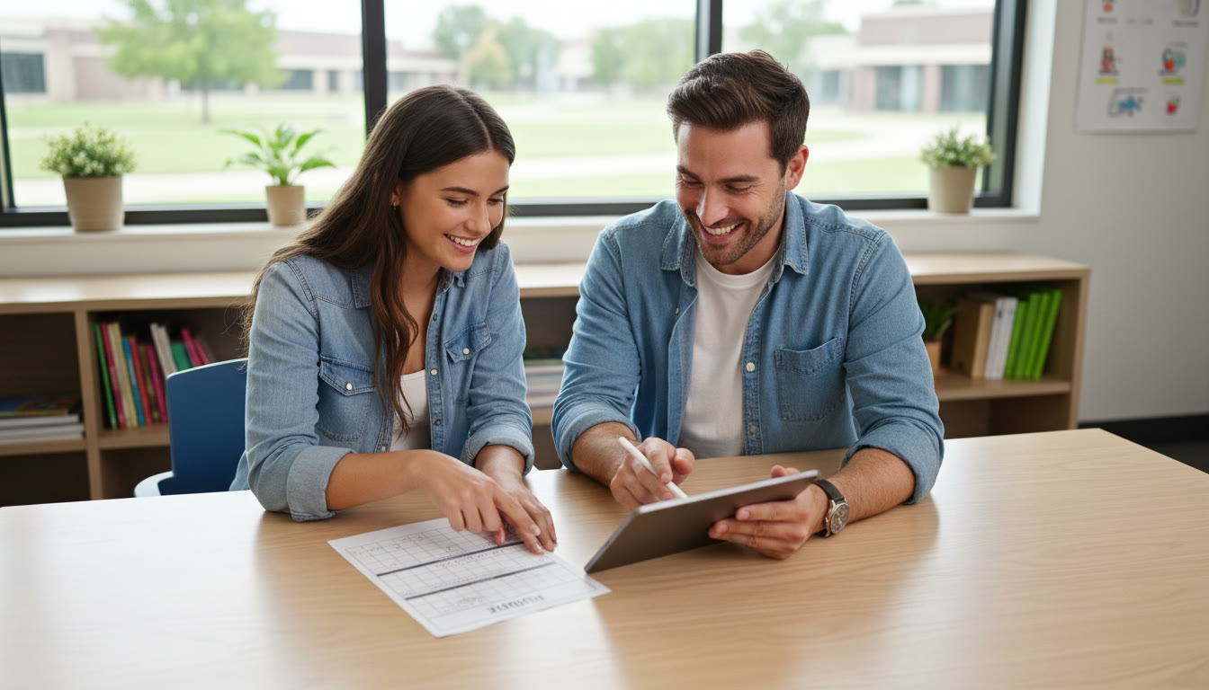 Photo Idea : A student meeting with a teacher, pointing at a printed rubric and making notes on a tablet
