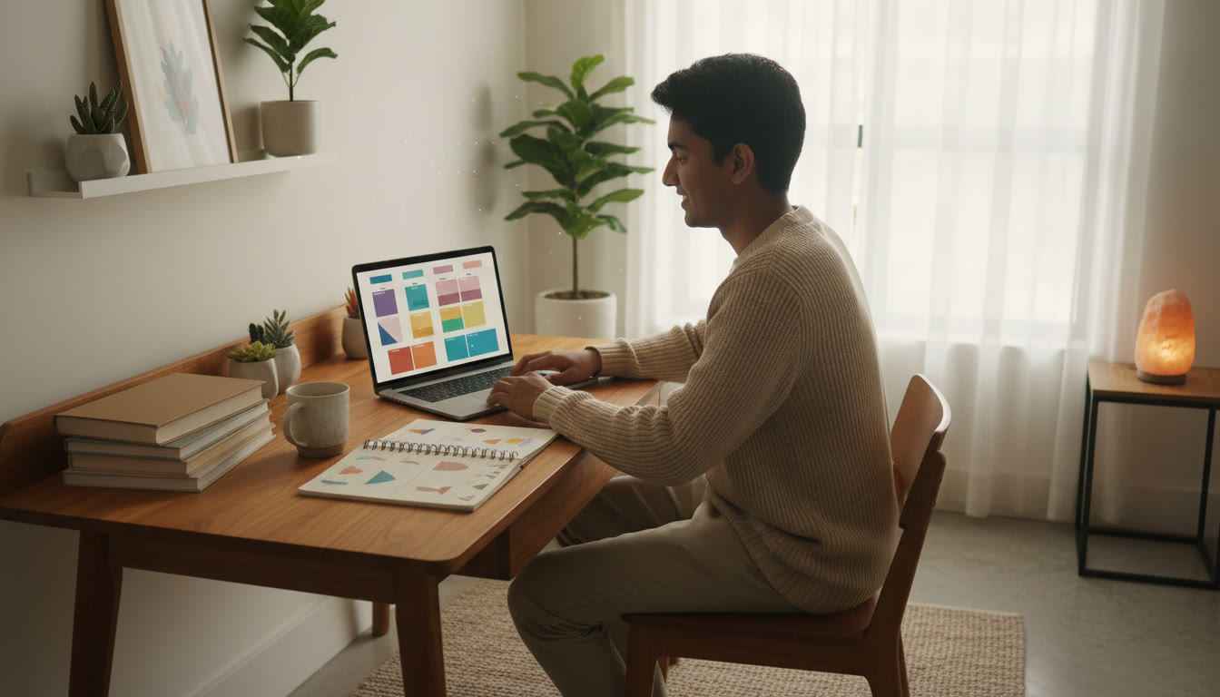 Photo Idea : A focused student at a study desk with a neat planner, textbooks, and a laptop showing a study timetable