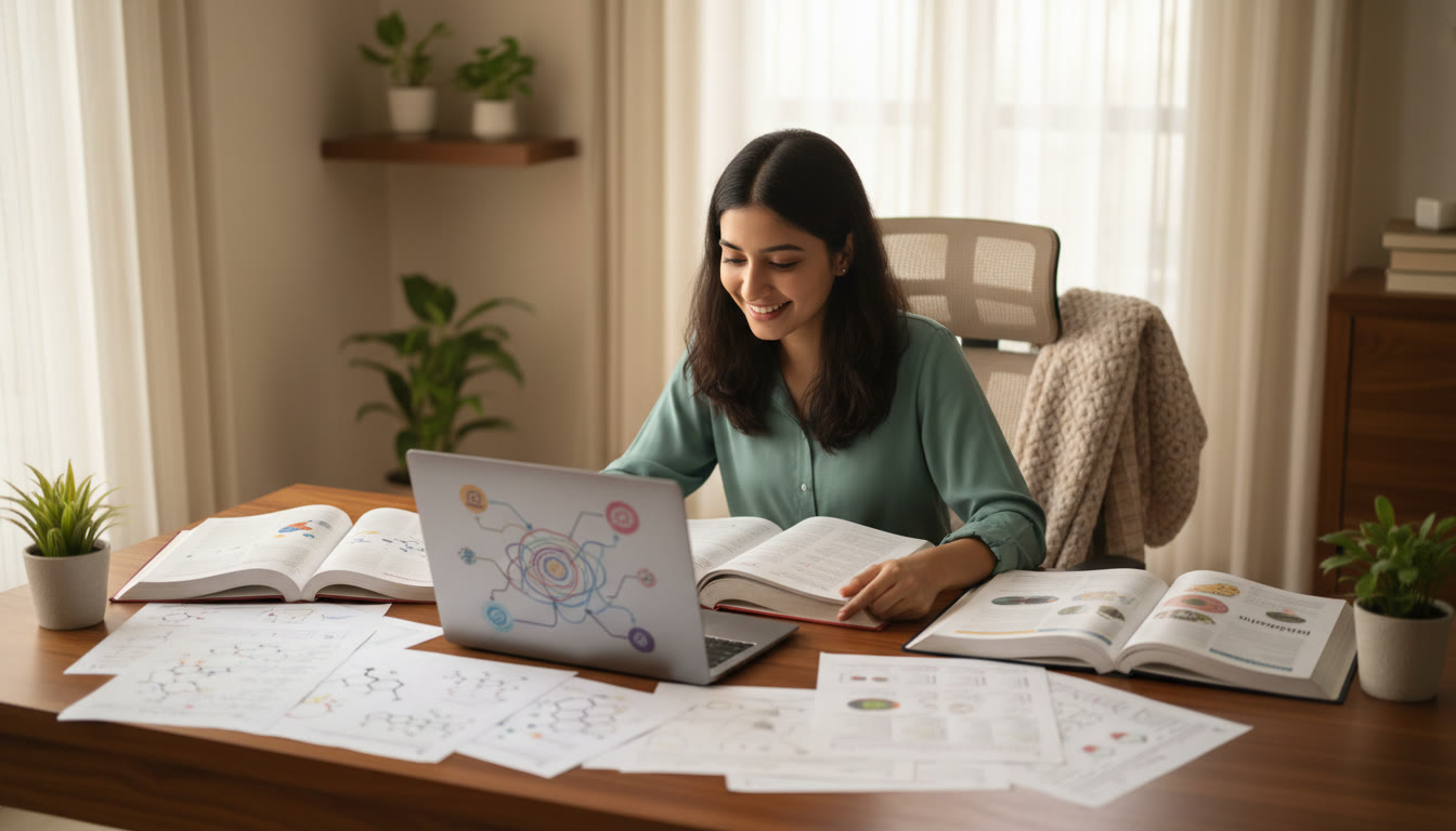 Photo Idea : a focused student at a desk surrounded by open physics, chemistry, and biology notes and a laptop displaying a concept map