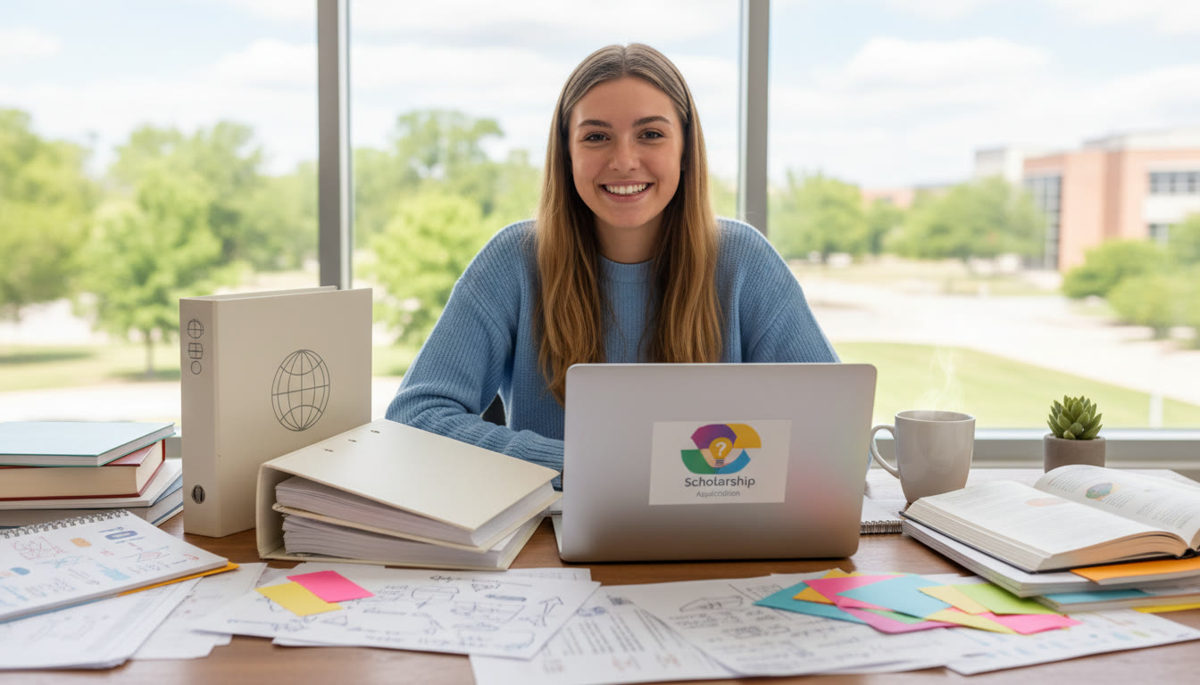 Photo Idea : A student at a desk surrounded by notes, an Extended Essay binder, and a laptop displaying a scholarship prompt