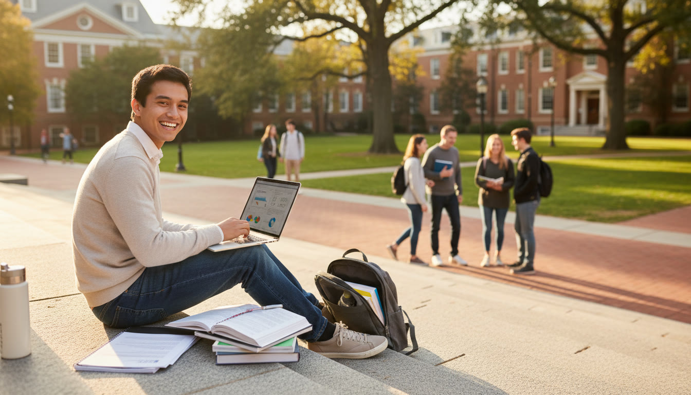 Photo Idea : IB student sitting on steps at a university campus with books and laptop