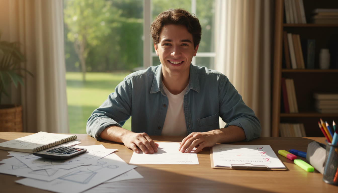 Photo Idea : Student at a desk with notes, calculator, and a checklist beside an exam paper