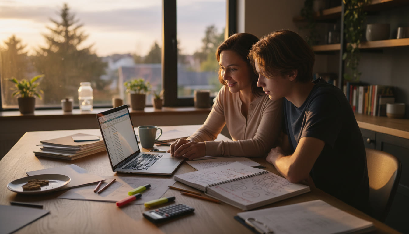 Photo Idea : Parent and teenager working at a kitchen table with IA notes and a laptop, warm evening light