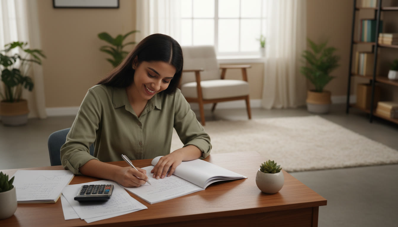 Photo Idea : A student at a tidy desk solving an ISC past paper with a focused expression, pen poised, calculator and neatly written notes beside them.