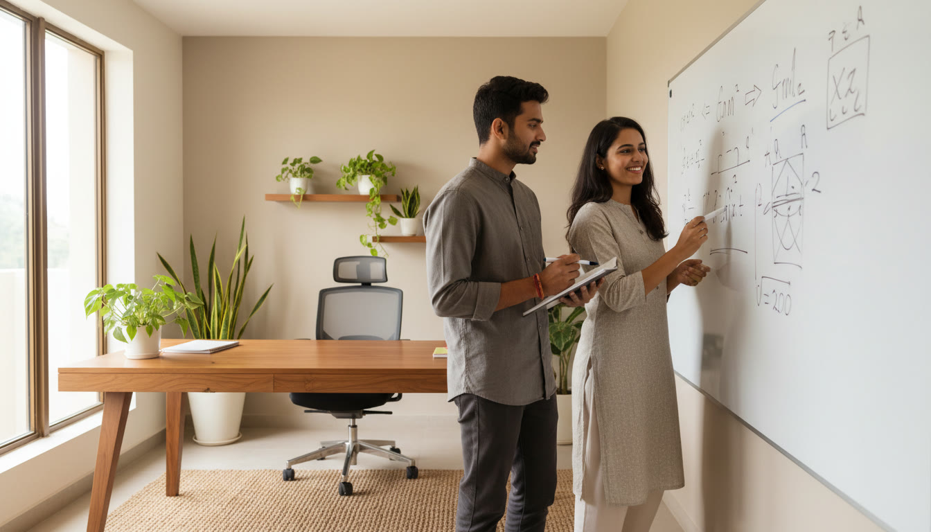 Photo Idea : A tutor and student discussing problem-solving at a whiteboard, annotated notes visible