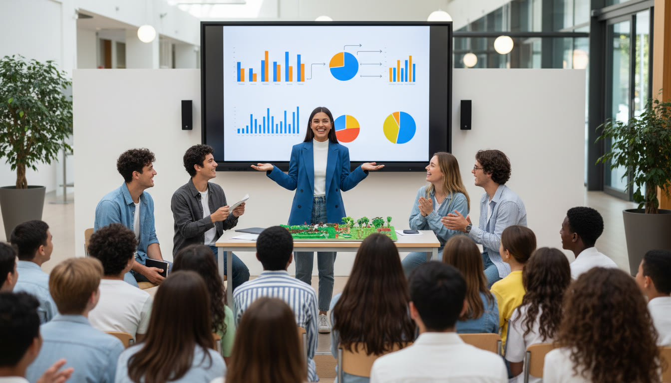 Photo Idea : Student presenting community project with charts and peers