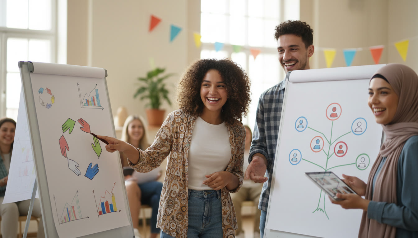 Photo Idea : close-up of a small group presenting a community project with flipcharts and smiling participants