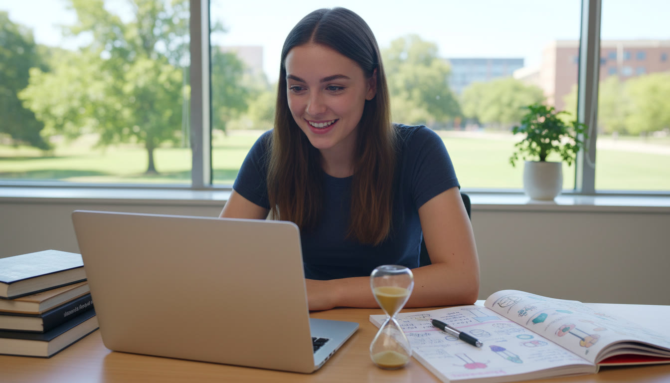 Photo Idea : A focused IB student at a desk with a laptop, notebook, and an hourglass on the table