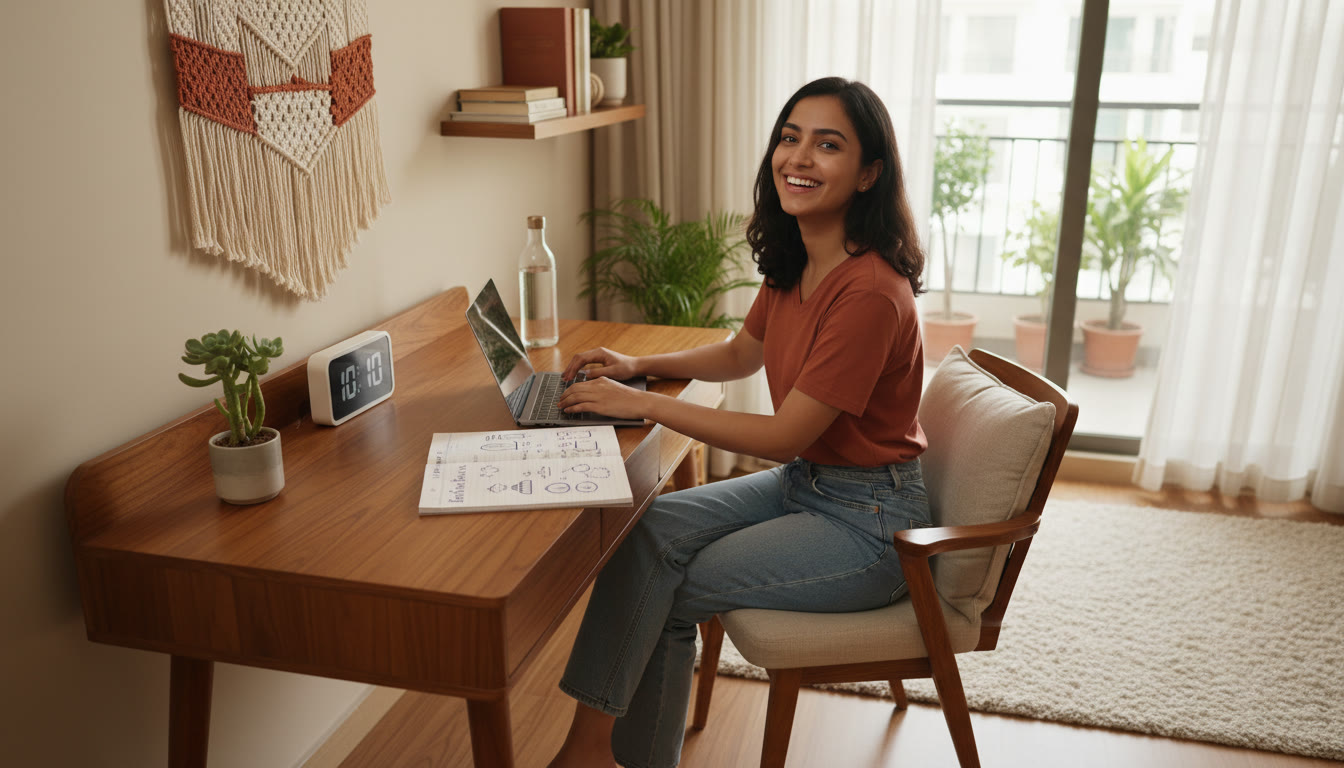 Photo Idea : A focused student at a neat study desk with a clock, water bottle, and a notepad showing a daily plan