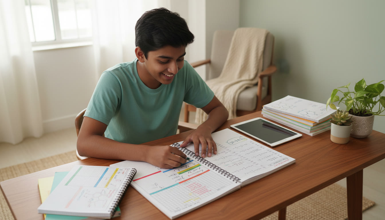 Photo Idea : Student reviewing an error-log notebook with color-coded notes and solved question lists