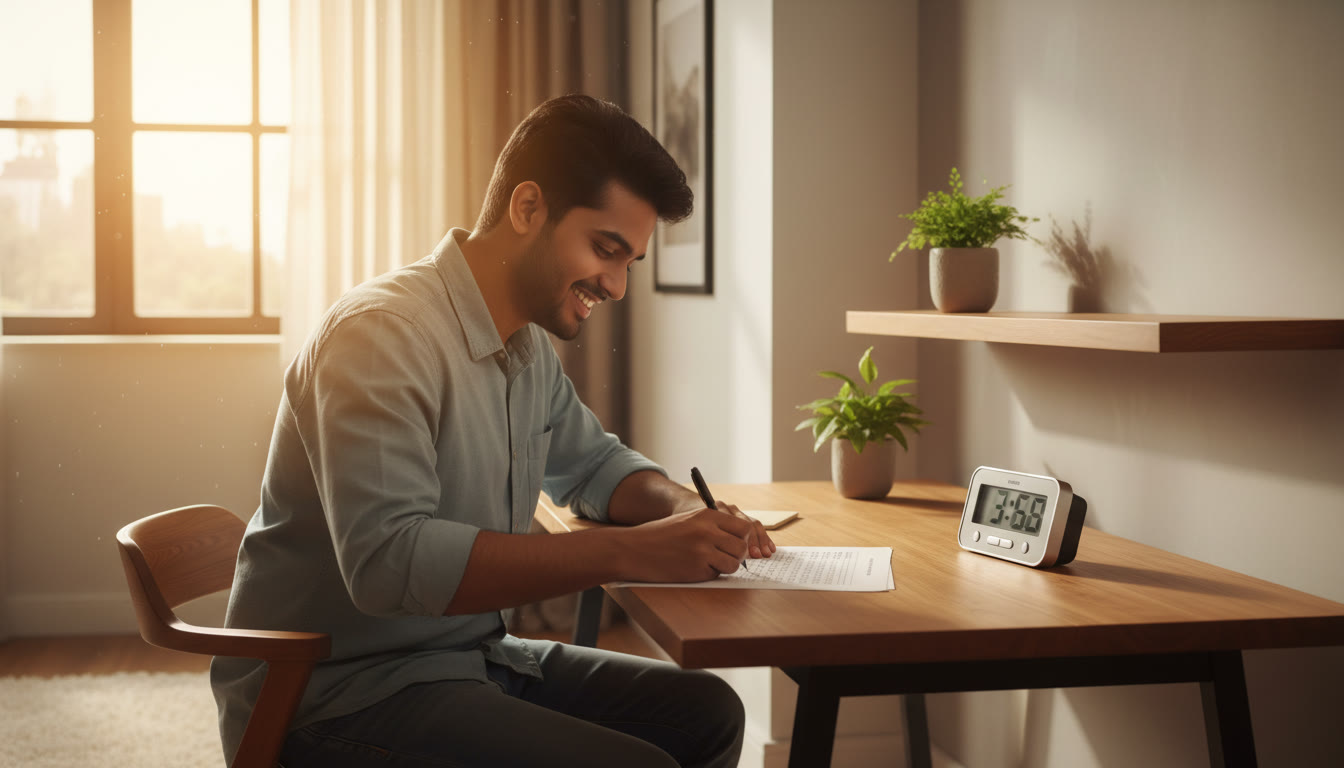 Photo Idea : Student filling an OMR sheet while a timer runs on a table