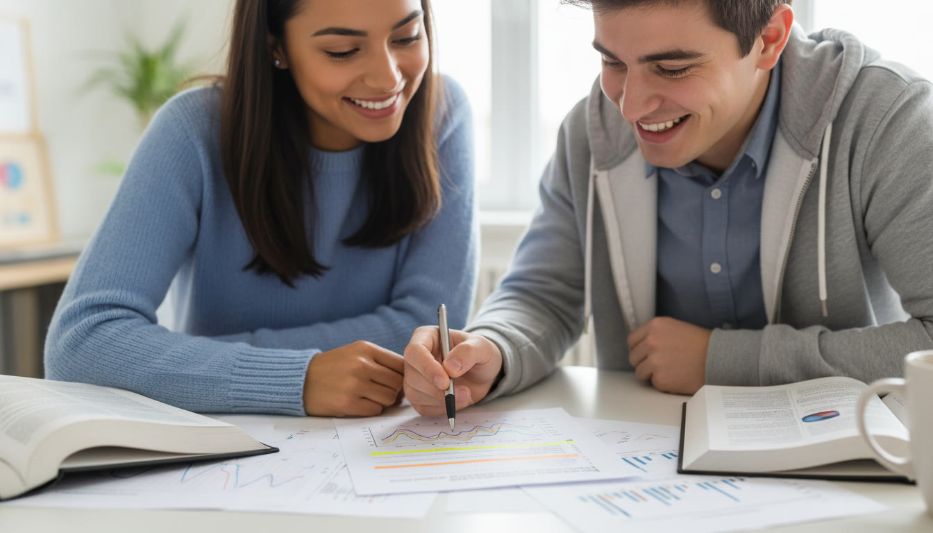 Photo Idea : close-up of a tutor and student reviewing printed graphs and a highlighted conclusion paragraph