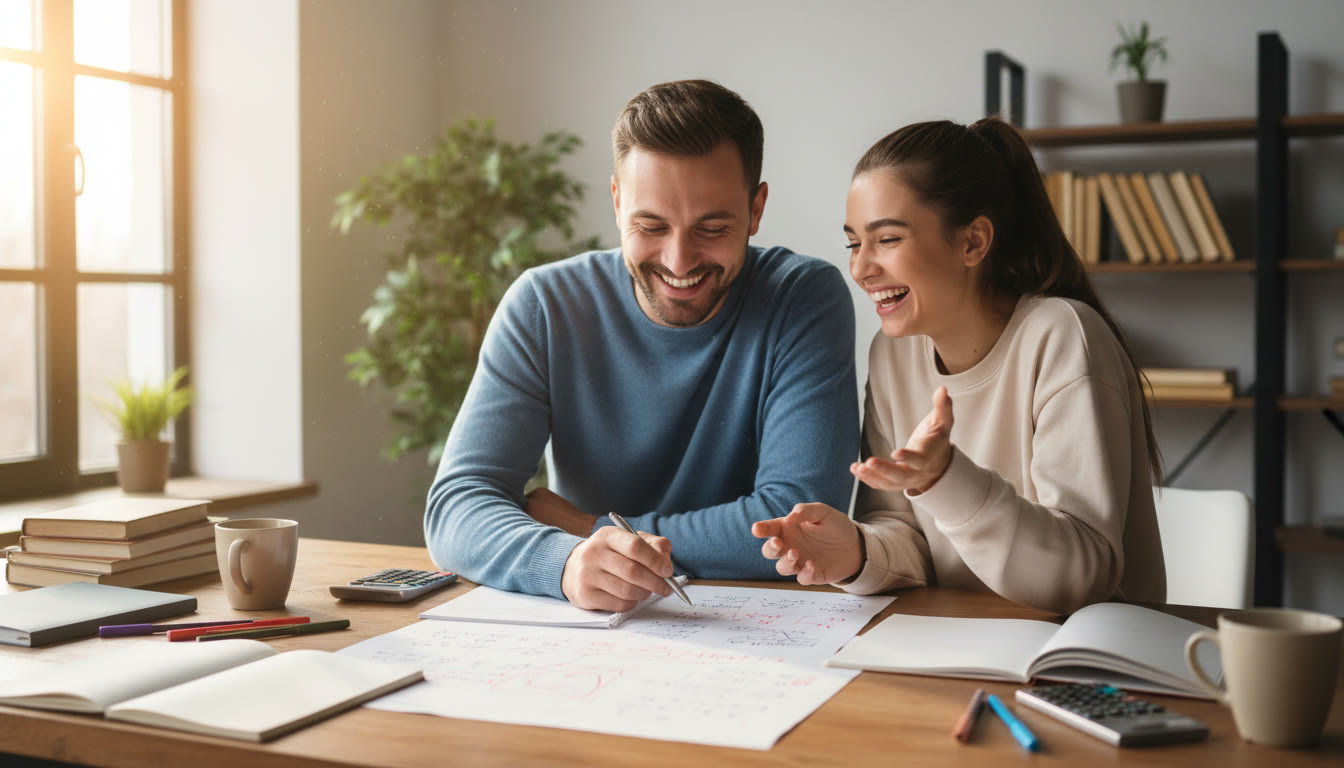 Photo Idea : Tutor and student reviewing a marked math paper together at a desk