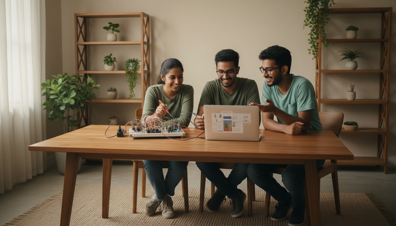 Photo Idea : A student team in a lab collaborating over a laptop and prototype circuit board