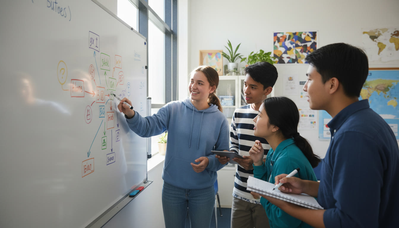 Photo Idea : A small group of students clustered around a whiteboard while one IB student explains a concept with a smile