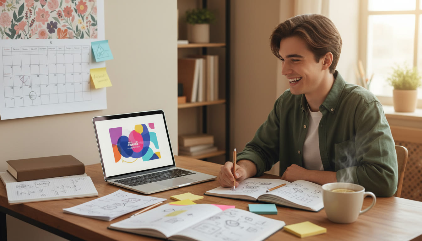 Photo Idea : Student at a desk with notebooks, laptop, sticky notes and a cup of tea, calendar visible