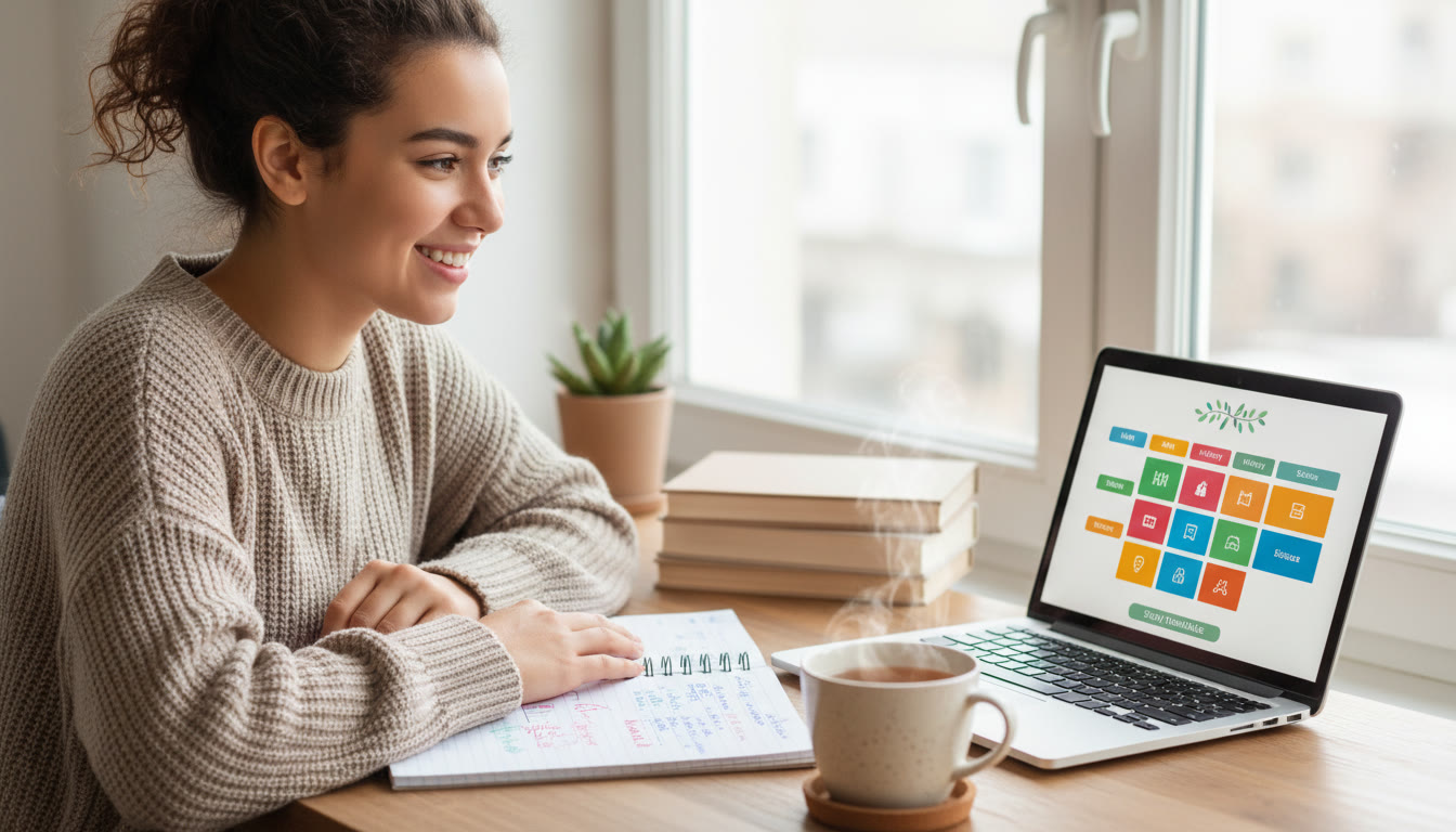 Photo Idea : Student at a desk looking at a notebook with a cup of tea and a laptop open to a study timetable