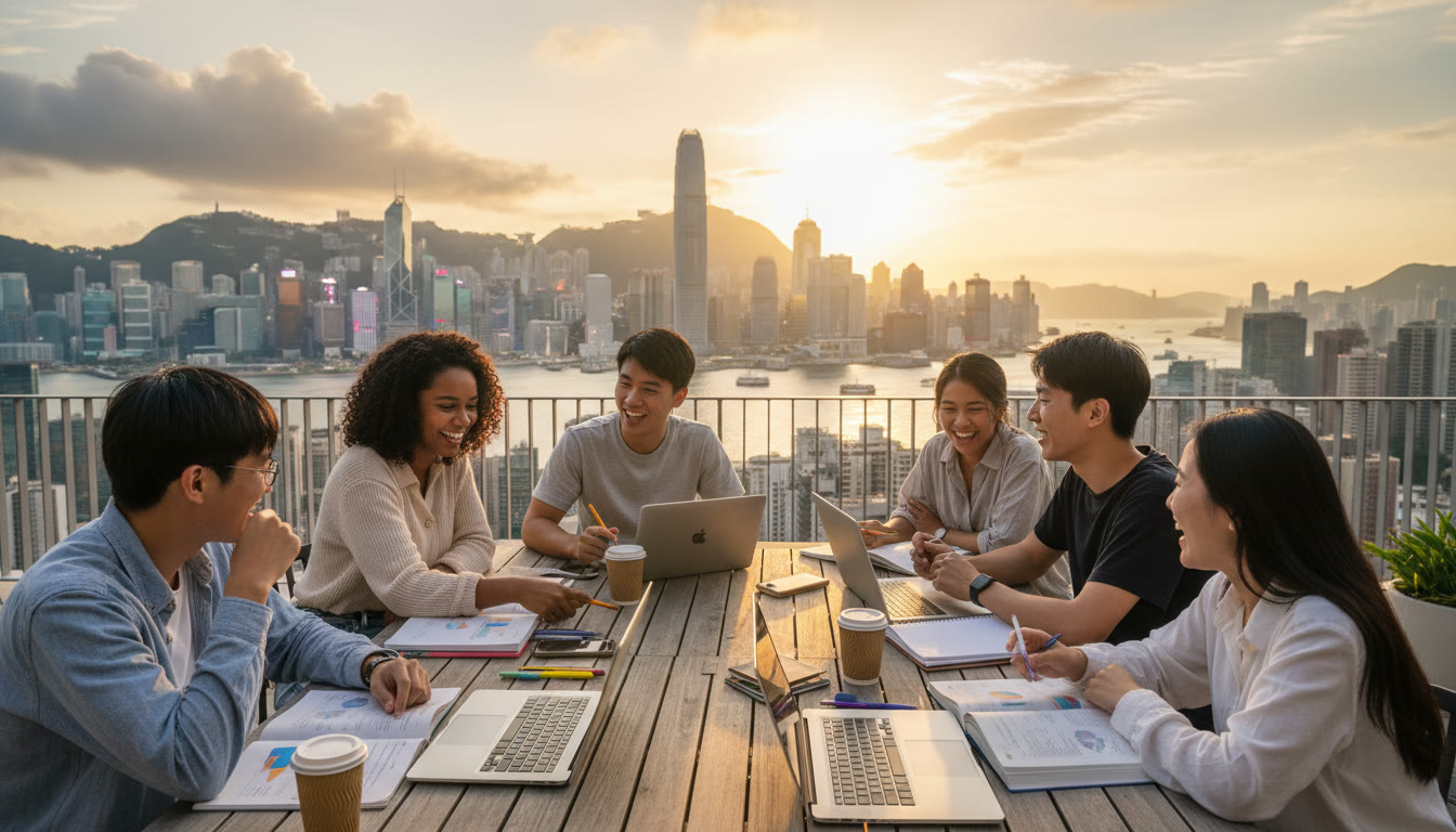 Photo Idea : A diverse group of IB students studying together with the Hong Kong skyline in the background.