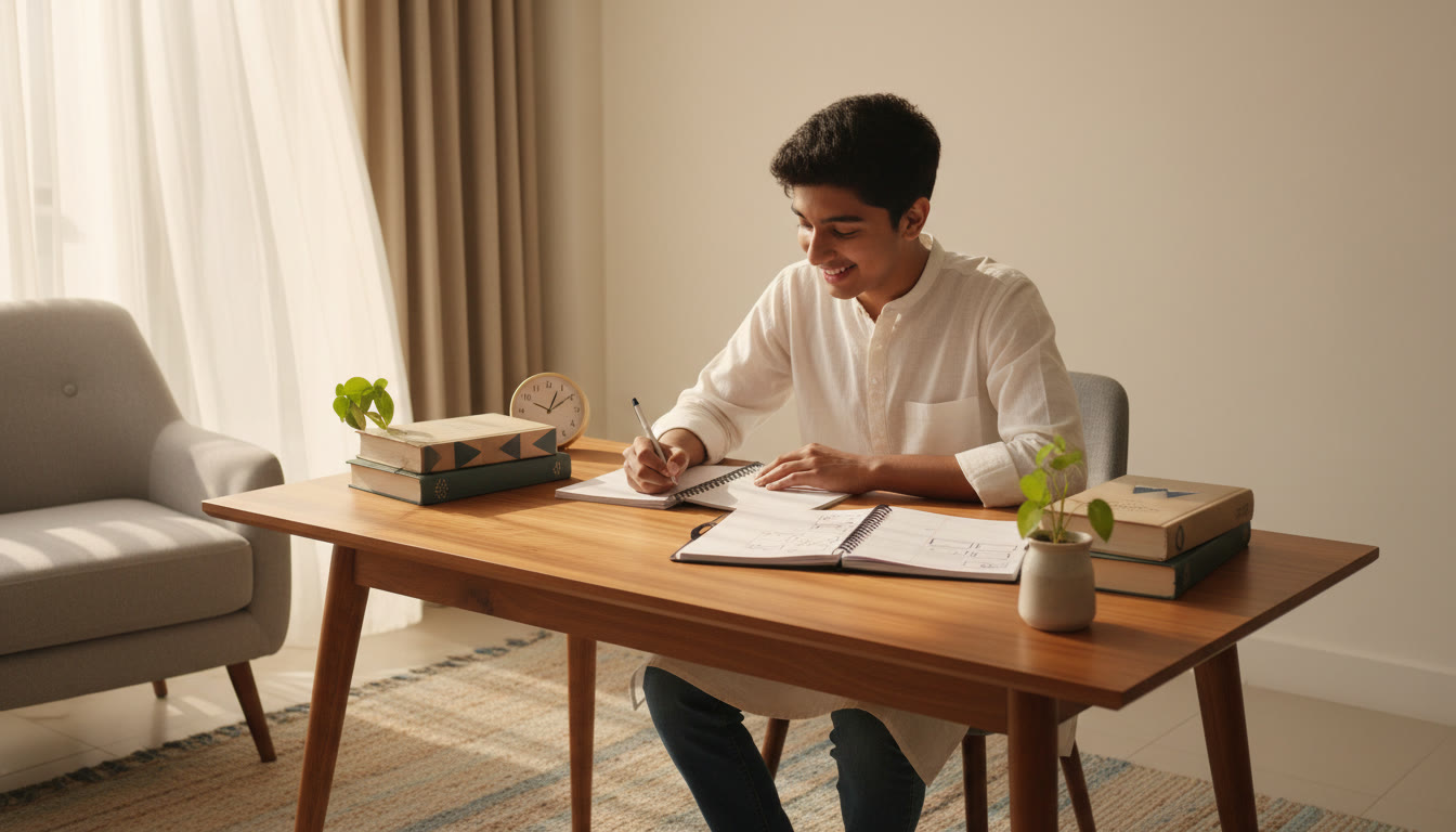 Photo Idea : A focused student at a desk with schoolbooks, NEET notes, a clock and a planner