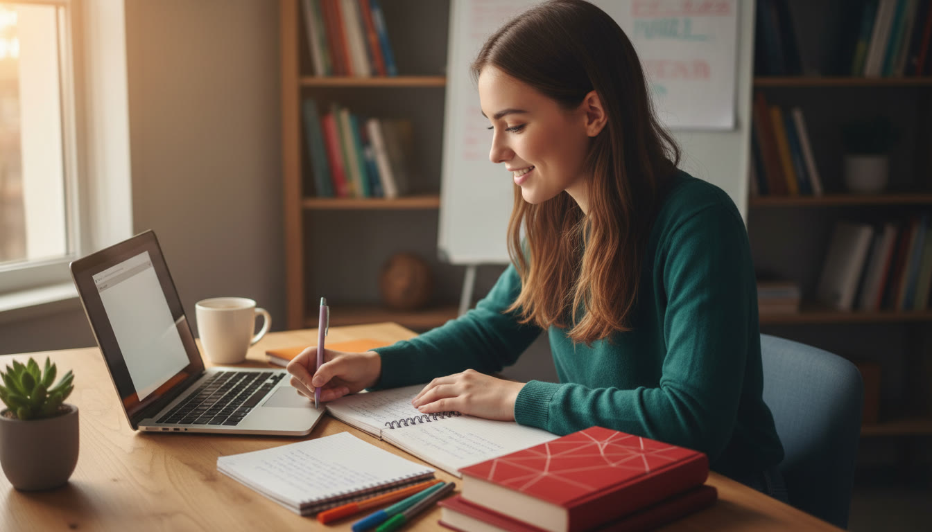 Photo Idea : A focused IB student writing an essay at a desk with notebooks, TOK book and a laptop