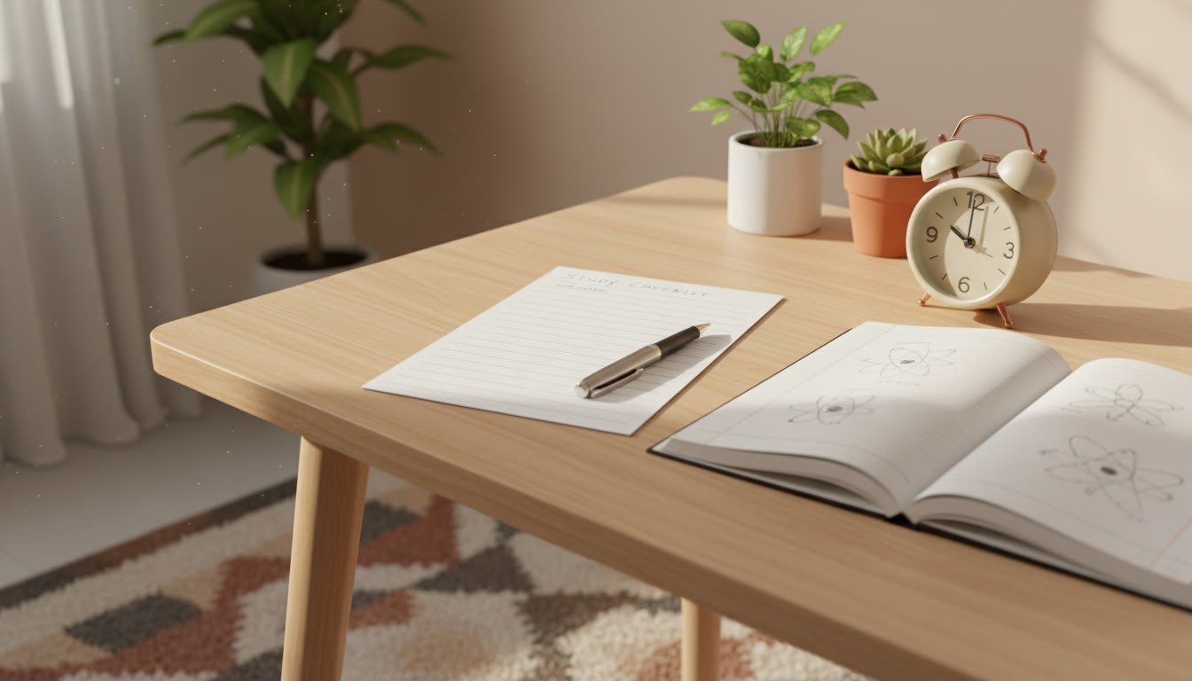 Photo Idea : A neat study checklist laid out on a desk with a pen, a science notebook, and a small alarm clock