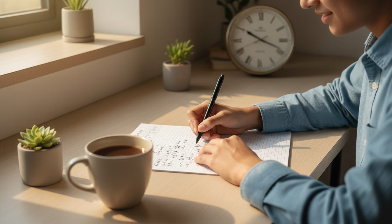 Photo Idea : [Close-up of a student writing a one-page formula sheet with a clock and coffee cup nearby]