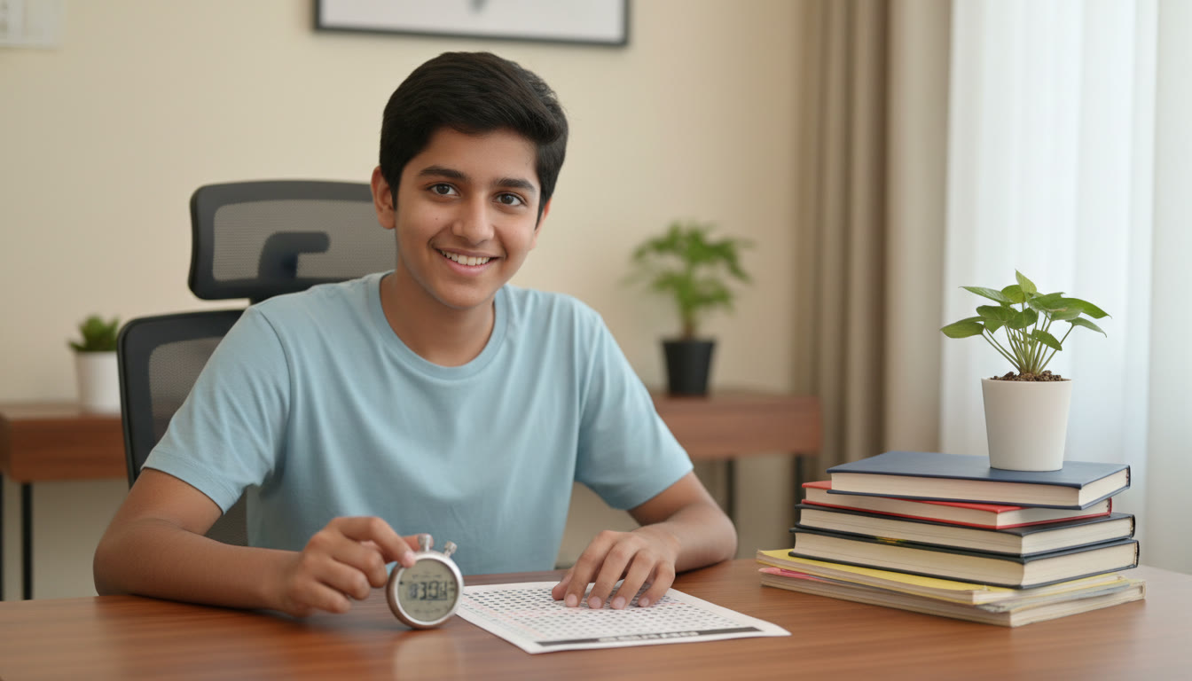 Photo Idea : Student at a desk with a stopwatch, a mock OMR sheet, and neatly arranged notes