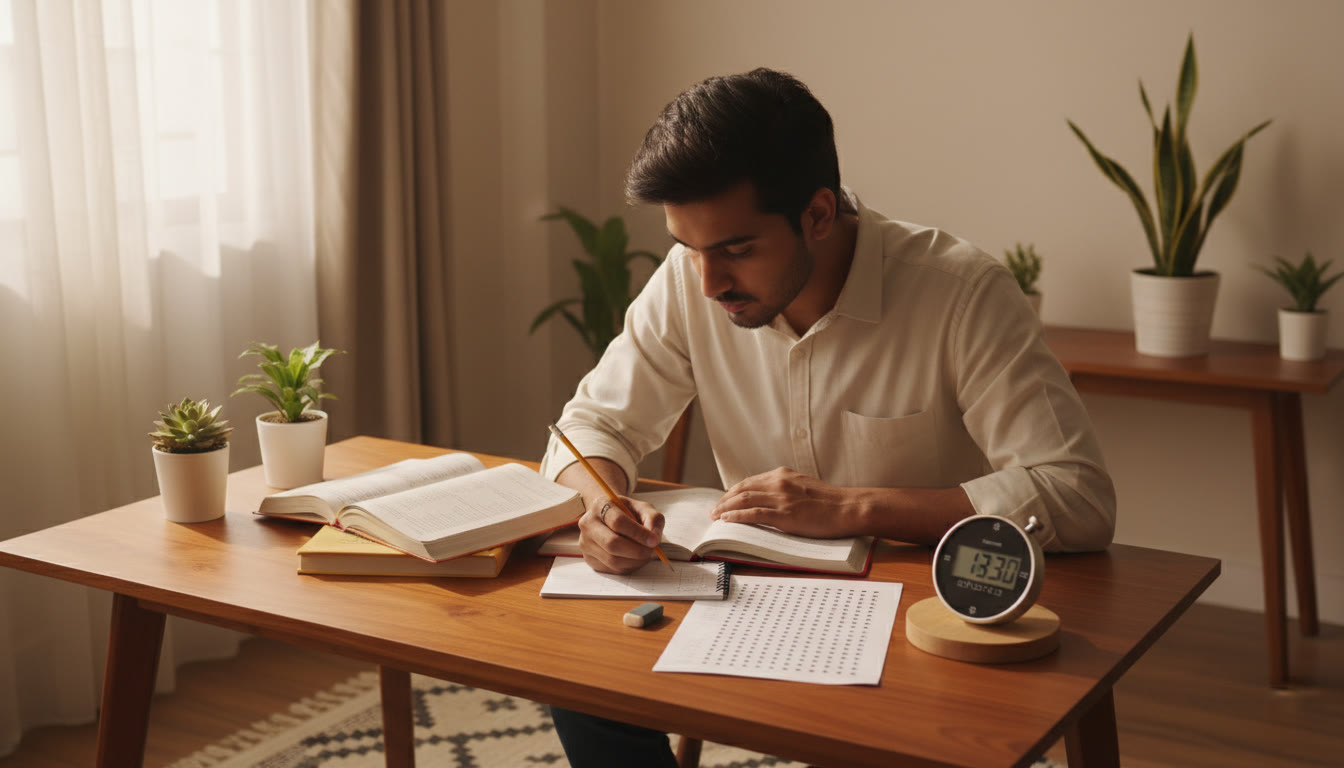 Photo Idea : A focused student at a desk with open textbooks, a stopwatch showing a timed mock, and an OMR sheet beside them