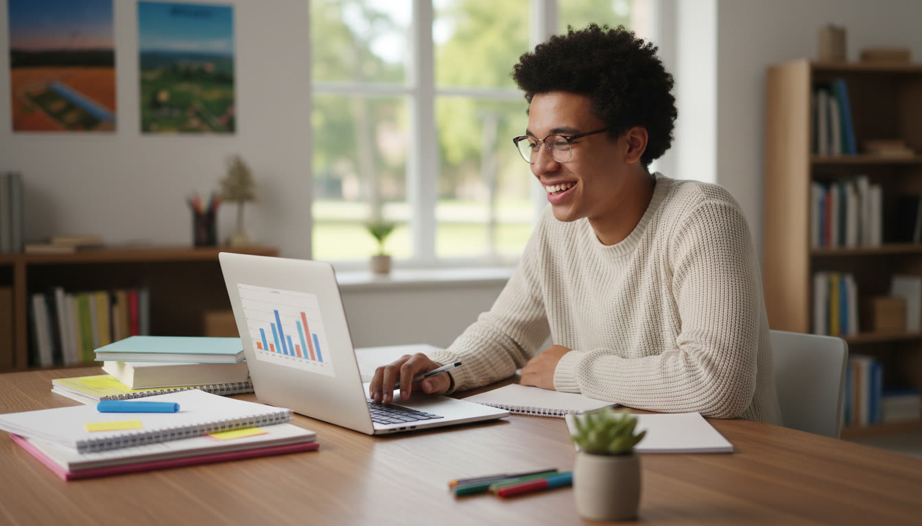 Photo Idea : Student at a desk with an open laptop, printed sources, highlighter and notepad
