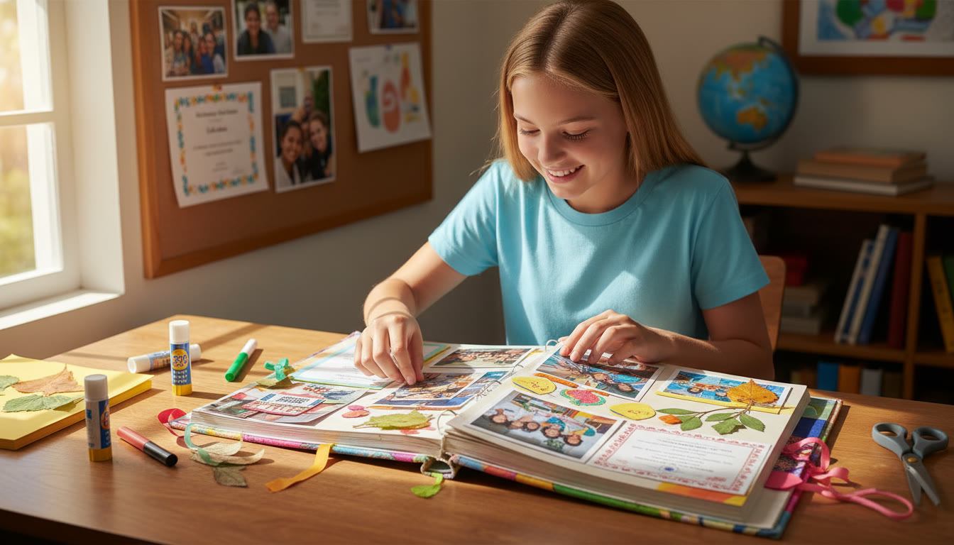 Photo Idea : A student arranging a colorful CAS scrapbook with photos, service certificates, and reflective notes