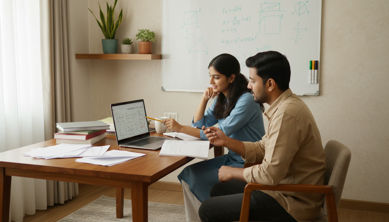 Photo Idea : Student and tutor discussing a problem on a laptop with notes and a whiteboard in the background