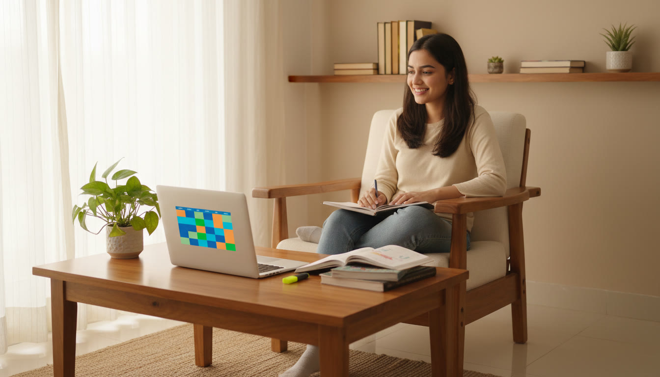 Photo Idea : a focused NEET student reviewing study materials with a laptop open to a study schedule