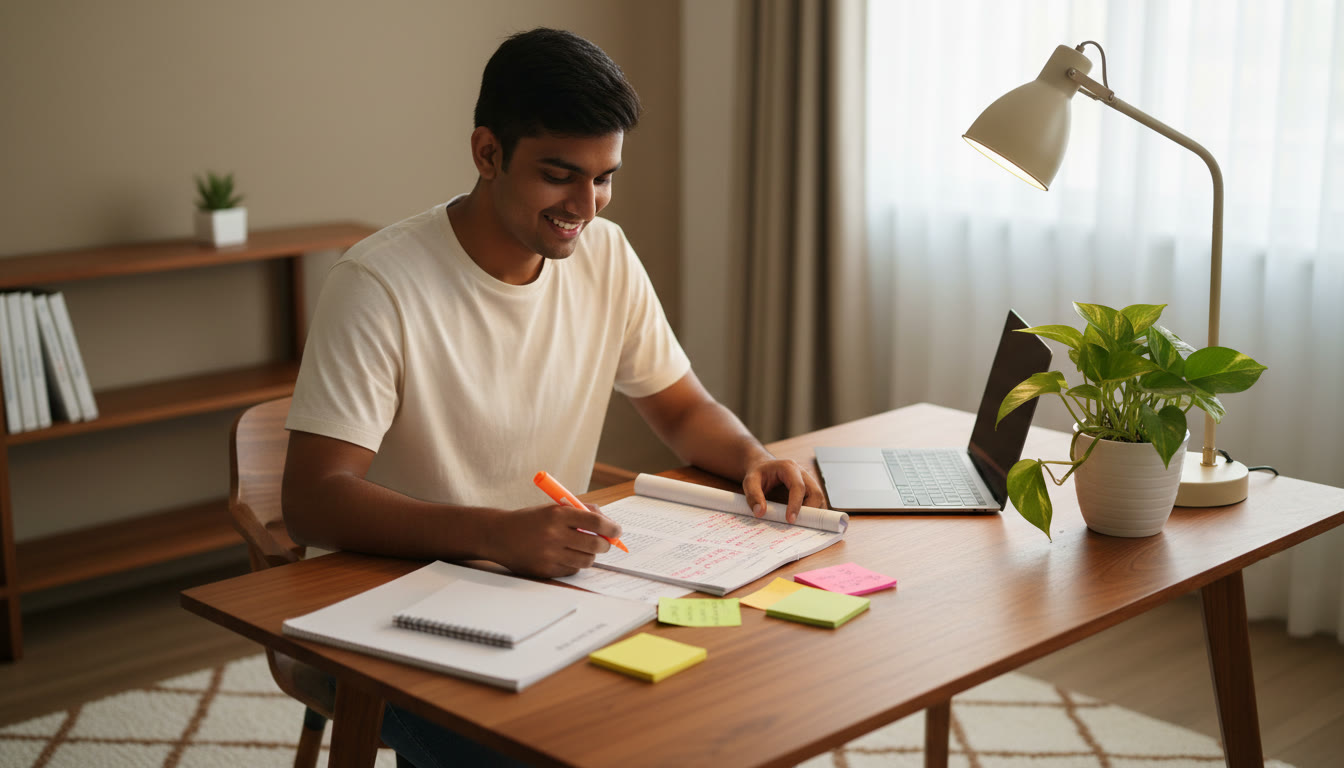 Photo Idea : Student reviewing a marked mock test with notes and a highlighter on a desk