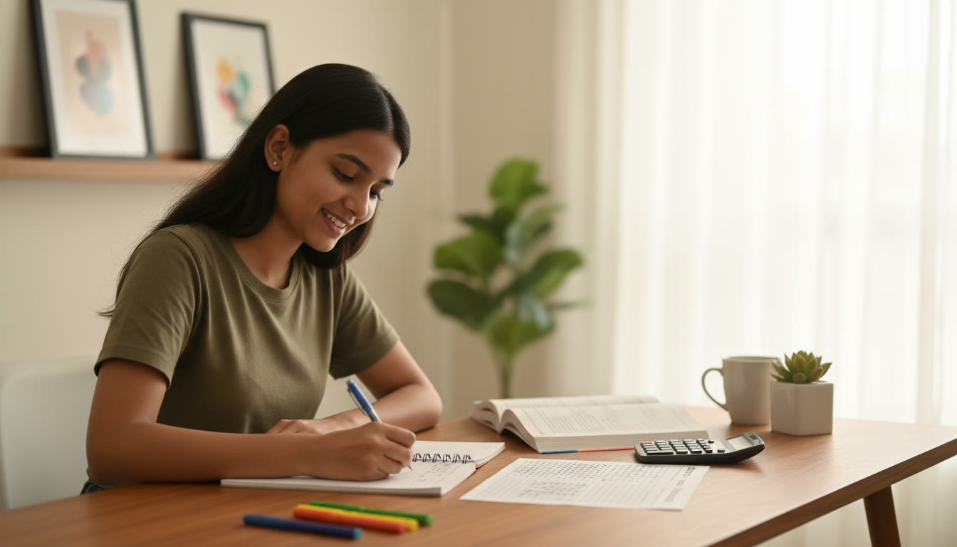 Photo Idea : Student at a desk solving physics problems with a mock OMR sheet beside them