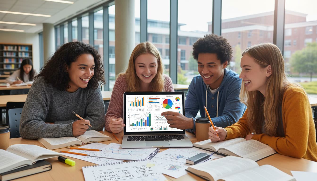 Photo Idea : A small group of IB students gathered around a laptop, examining colorful data visualizations and handwritten math notes.