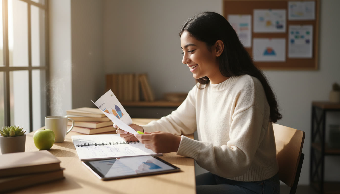 Photo Idea : A single student reviewing a printed research snapshot and notes next to an open notebook