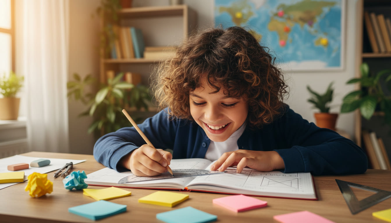 Photo Idea : student hunched over a notebook solving a geometry problem with a protractor, pencil, and scattered sticky notes
