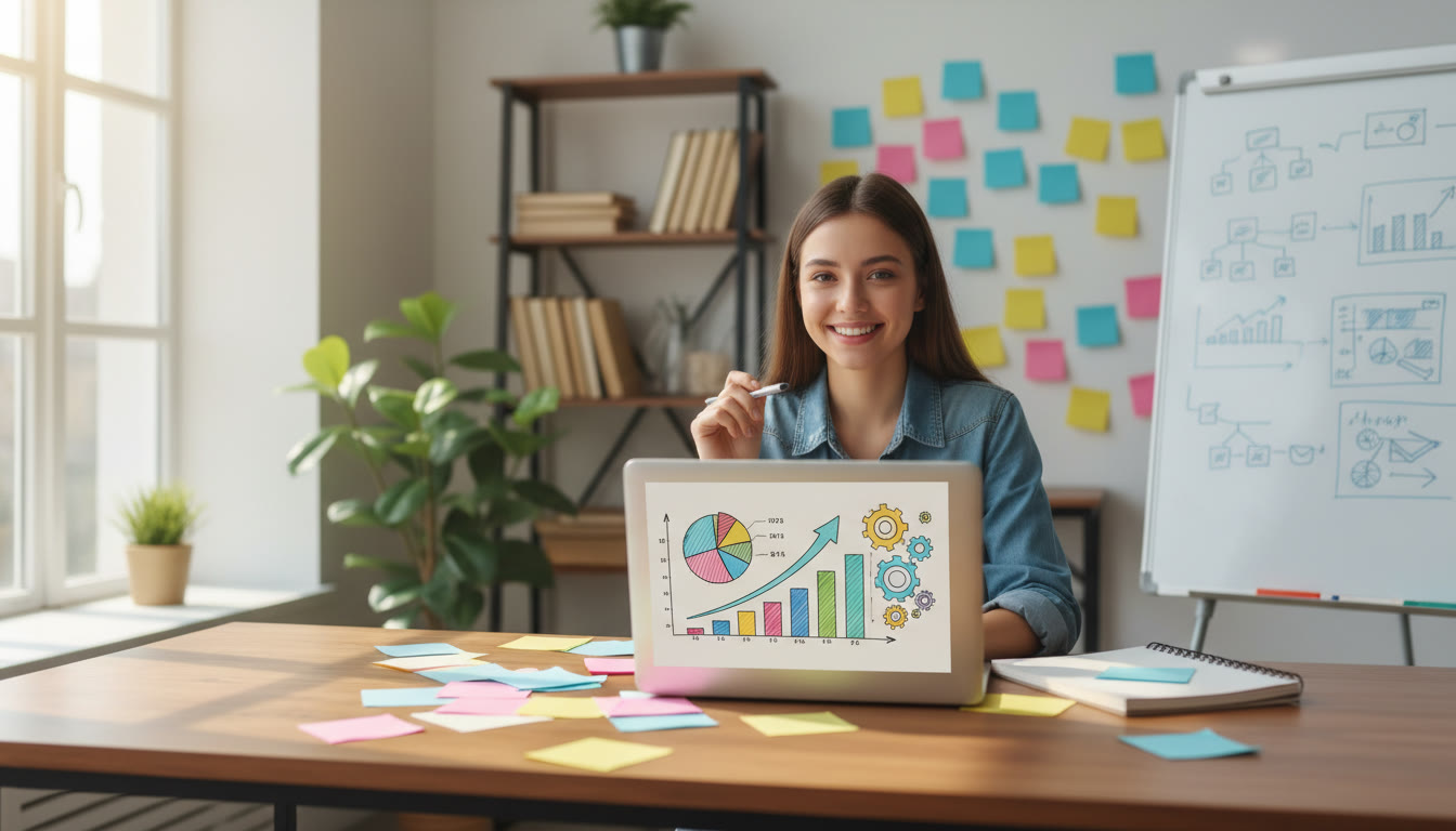 Photo Idea : A student at a desk surrounded by notes, an open laptop showing IB grade breakdowns and a notebook titled "Career Ideas"