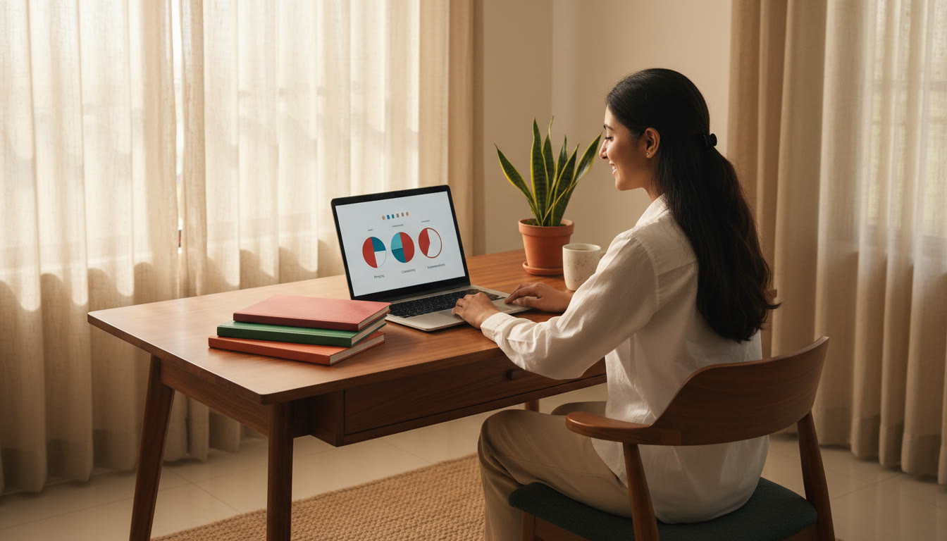 Photo Idea : A focused student at a tidy desk, open laptop showing a mock-test timer, three subject notebooks stacked neatly