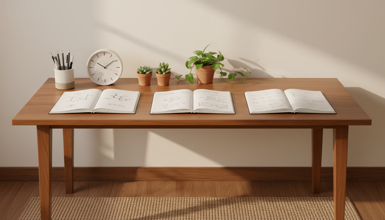 Photo Idea : A calm study desk with open notebooks for Physics, Chemistry and Mathematics, a clock, and a pencil holder.