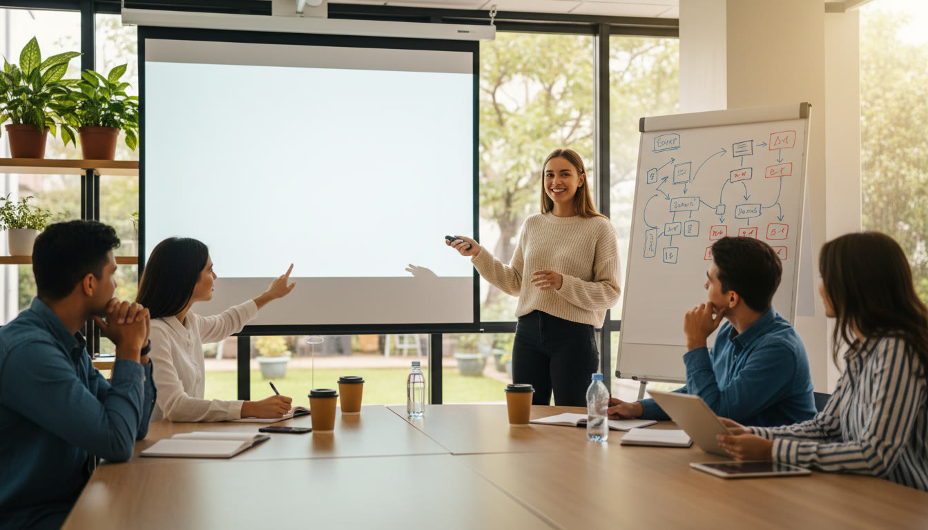 Photo Idea : Student presenting research findings to peers in a small seminar room