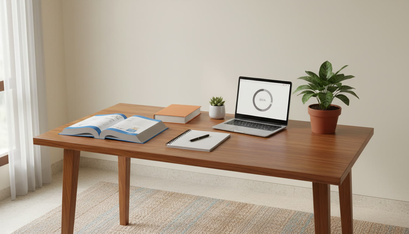 Photo Idea : A tidy study desk with a standard board textbook open beside a thicker reference book, a notepad, and a laptop showing a timed mock-test timer