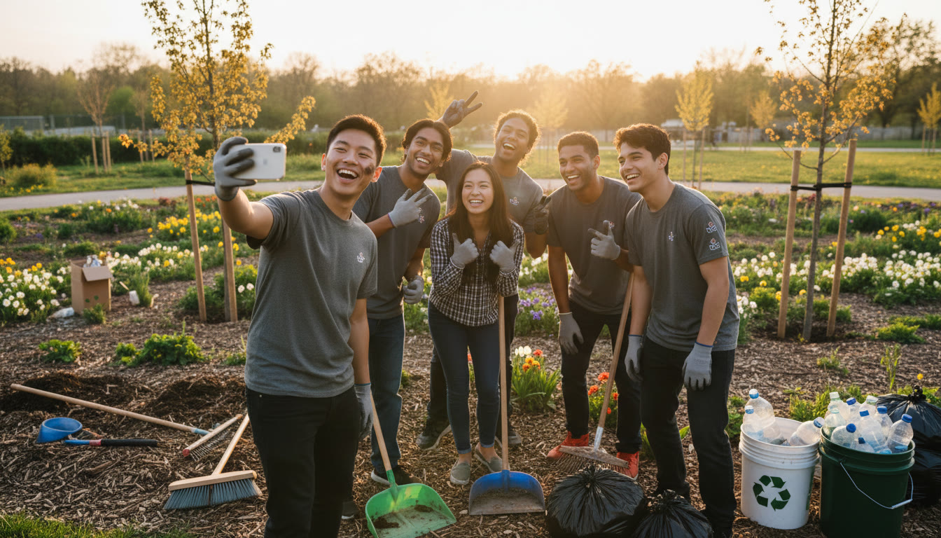 Photo Idea : Small team outdoors taking a group selfie after a service project with cleaning equipment visible