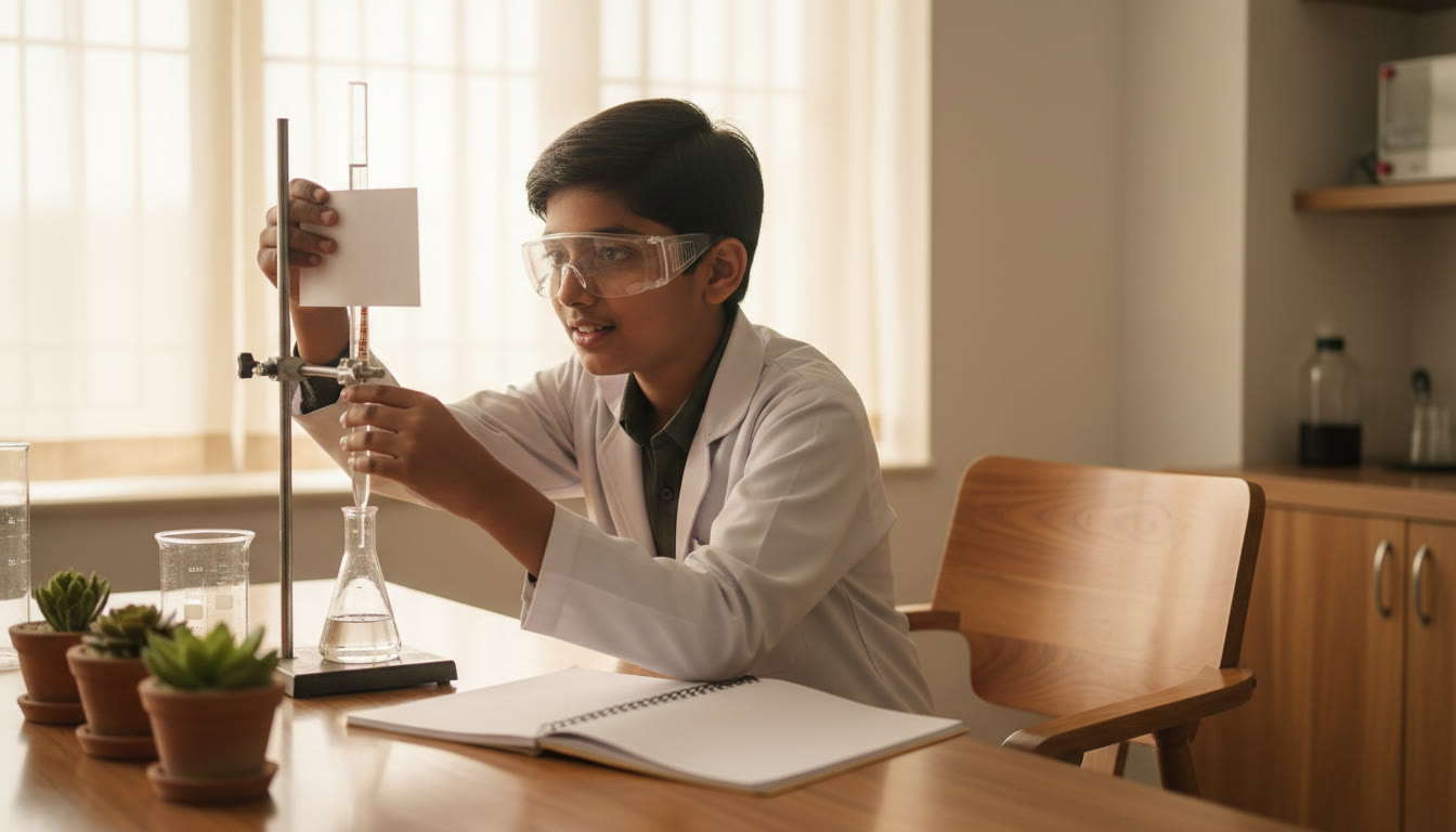 Photo Idea : A focused student taking a burette reading with a clean practical notebook open beside them.
