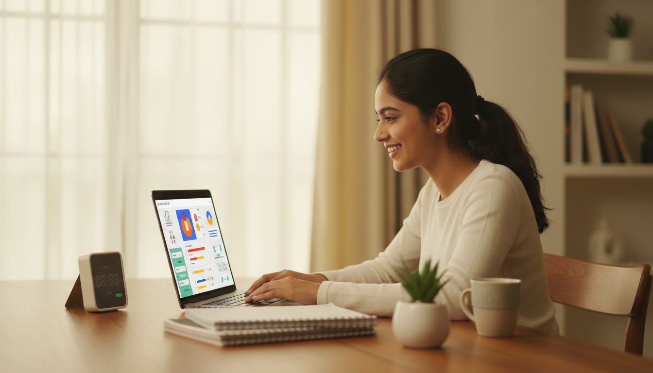 Photo Idea : Student at a desk, laptop open showing a mock test interface, notes and a timer