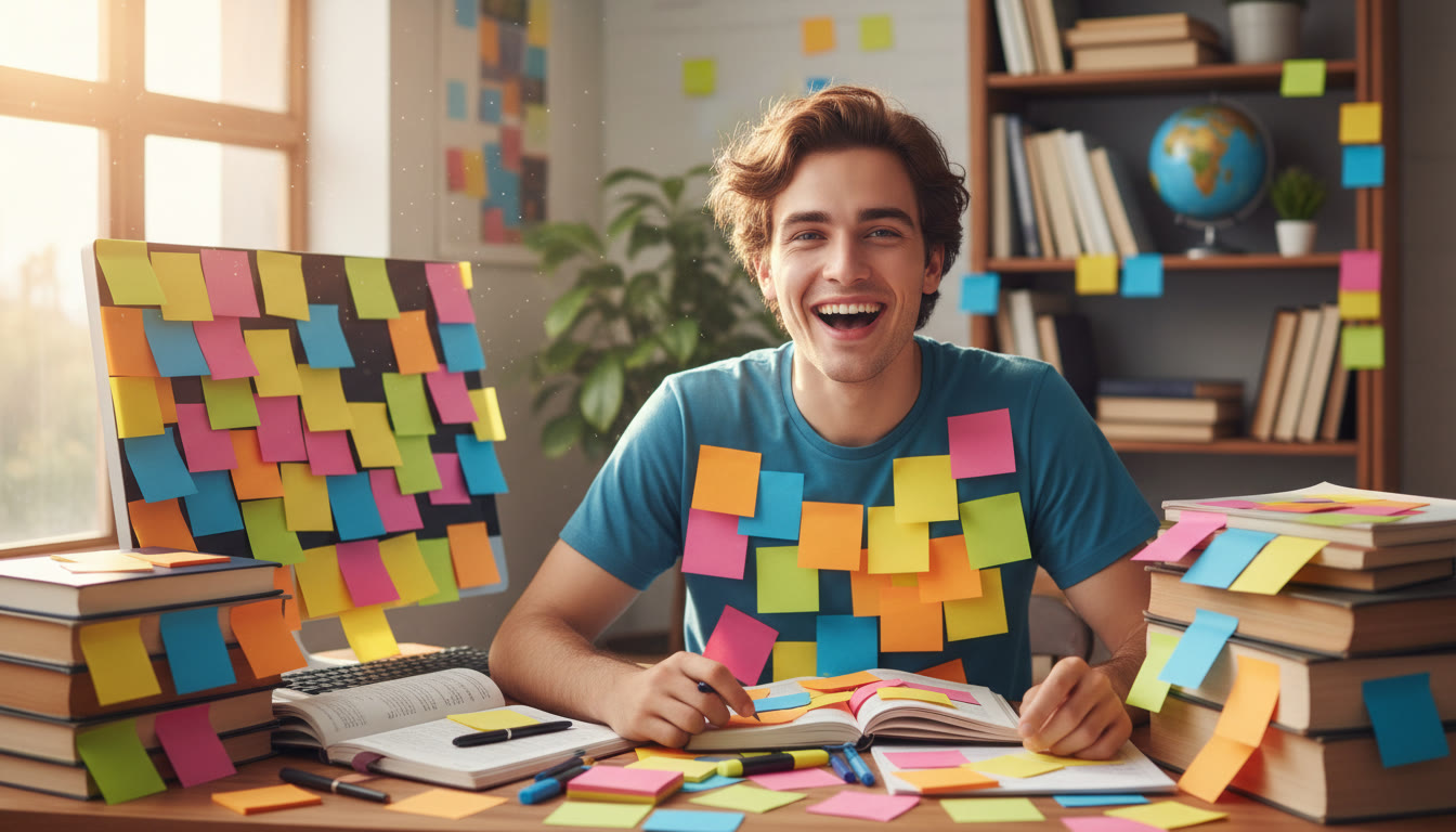 Photo Idea : Student at a desk surrounded by textbooks and color-coded sticky notes, smiling confidently