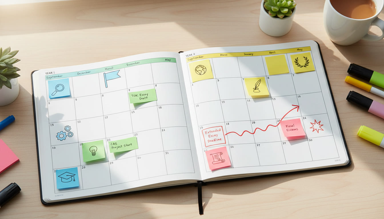 Photo Idea : A clean, color-coded two-year planner spread with sticky notes marking milestones